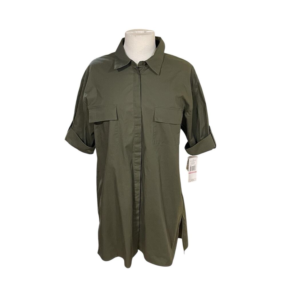 New-Sharagano Dark Green Collared Button Front Pocket Shirt Dress Size 10 NWT